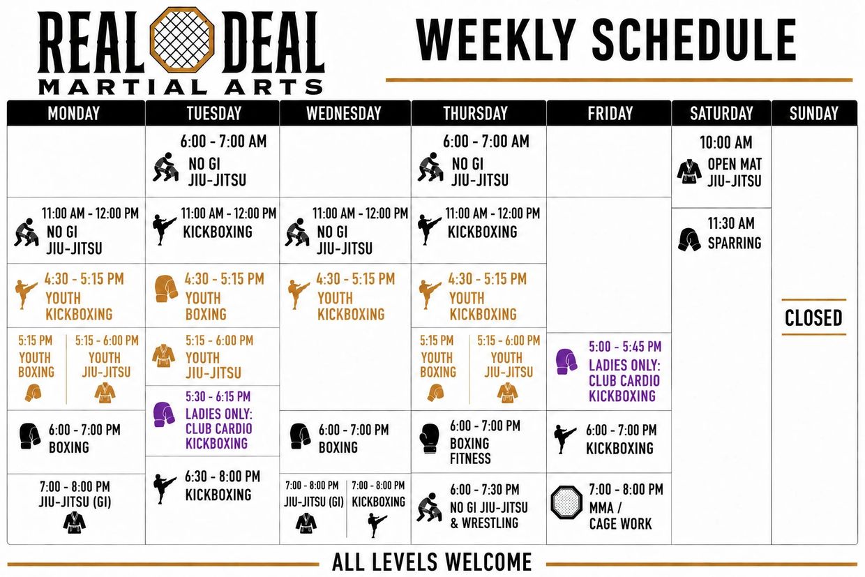 Weekly gym class schedule for martial arts including kickboxing, jiu-jitsu, boxing, and sparring.