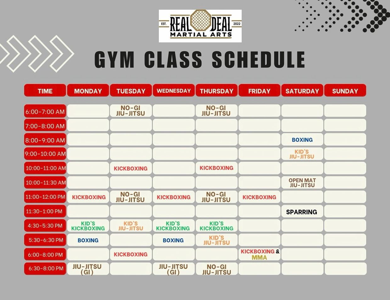 Weekly gym class schedule for martial arts including kickboxing, jiu-jitsu, boxing, and sparring.