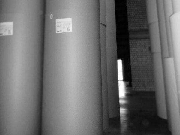 Rouleaux de papier industriels dans un entrepôt.