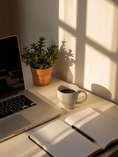 Cozy workspace with laptop, coffee, notebook, and plant in warm sunlight.