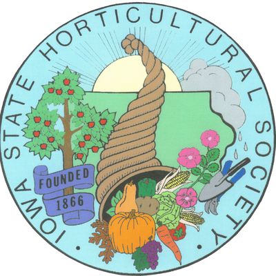 Seal of Iowa State Horticultural Society with fruits, vegetables, and a sunrise.