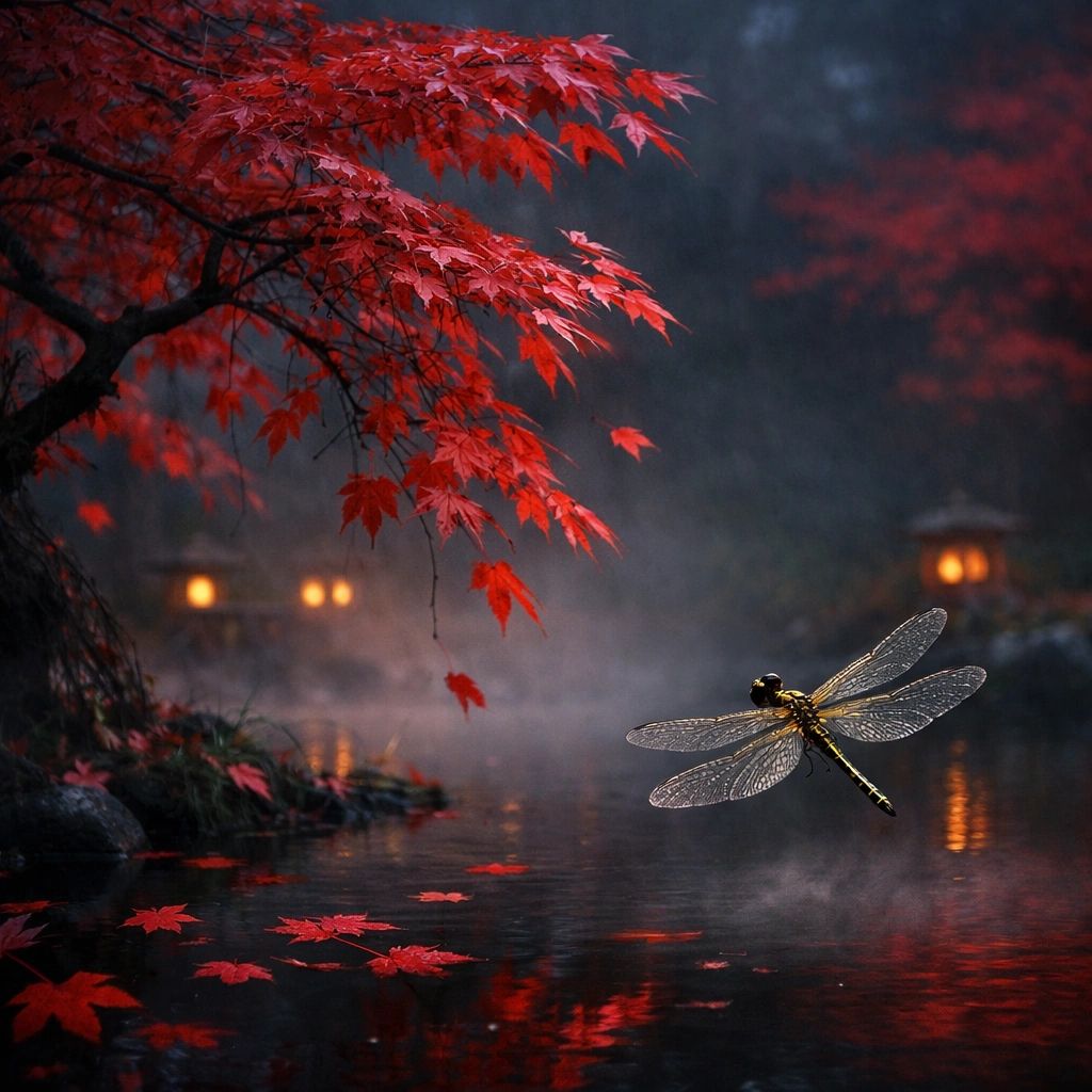 Dragonfly flying over misty water with red leaves.