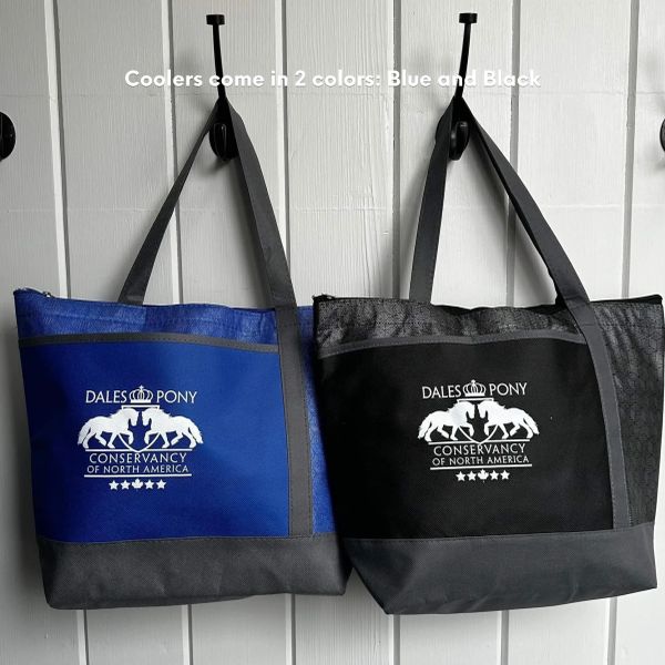 Blue and black coolers hanging on hooks.