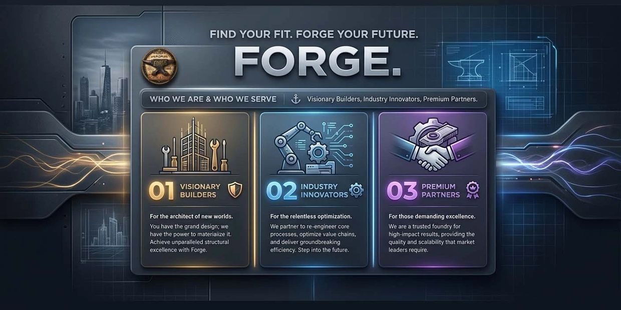 Infographic showcasing Forge's three pillars: Visionary Builders, Industry Innovators, and Premium Partners.