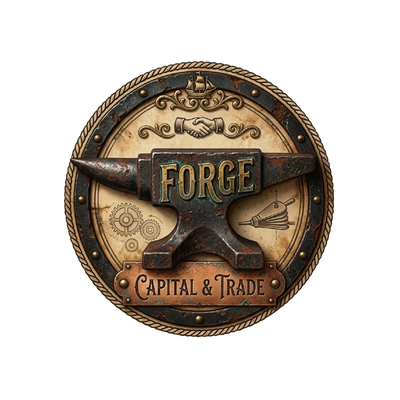 An emblem featuring an anvil with the words 'FORGE Capital &amp; Trade'.
