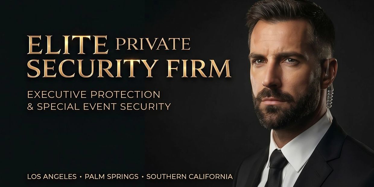 Professional security agent promoting elite private security services in California.
