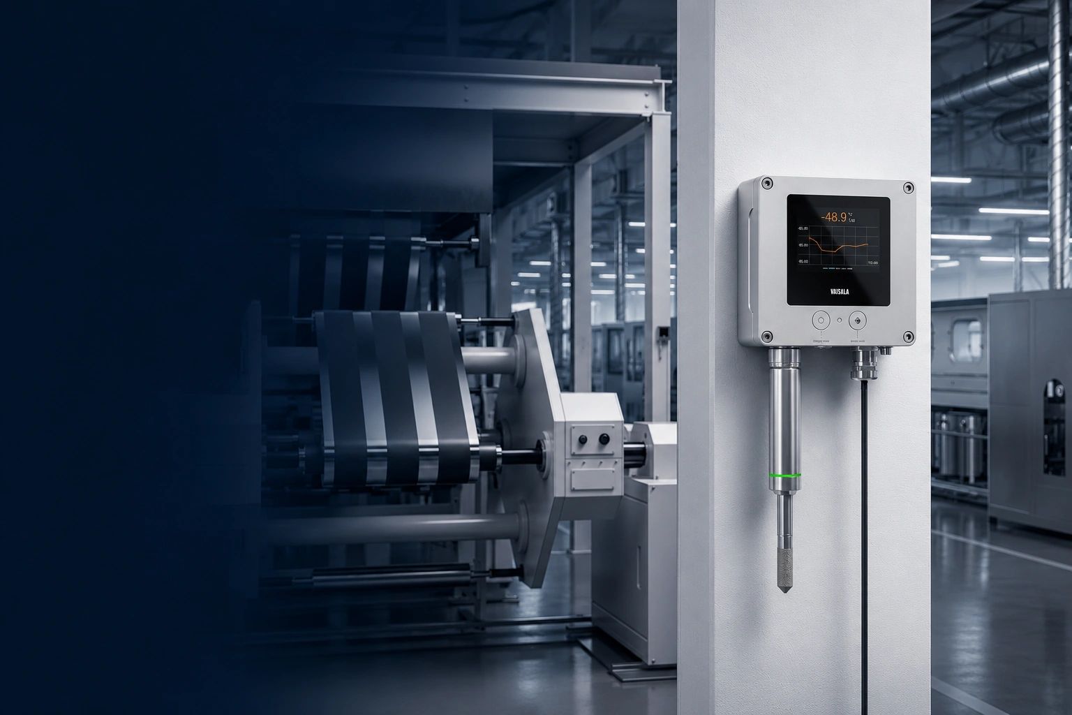Industrial humidity sensor mounted on a factory wall with machinery in the background.