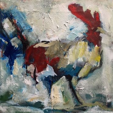Abstract painting of a rooster with bold colors.