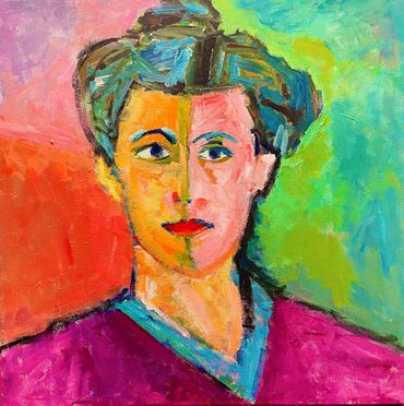 Abstract portrait painting with vibrant colors.