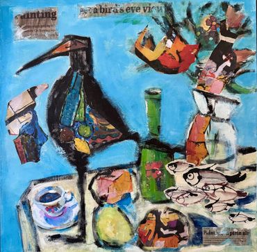 Abstract painting of birds and objects with vibrant colors.