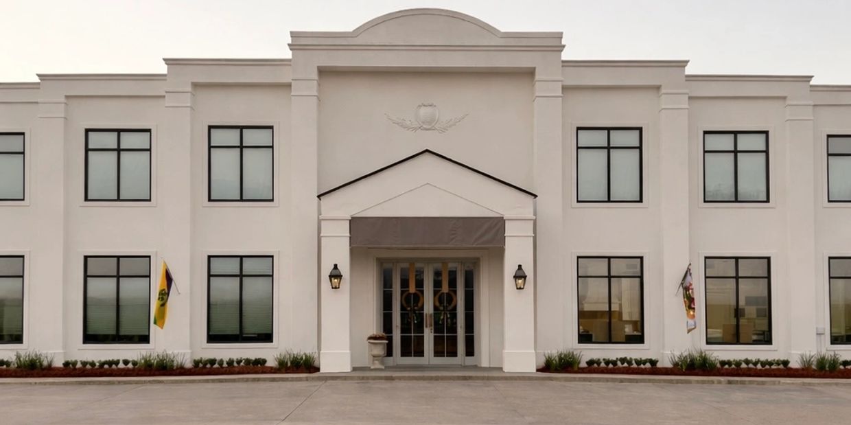 Symmetrical beige building with large windows and entrance canopy.