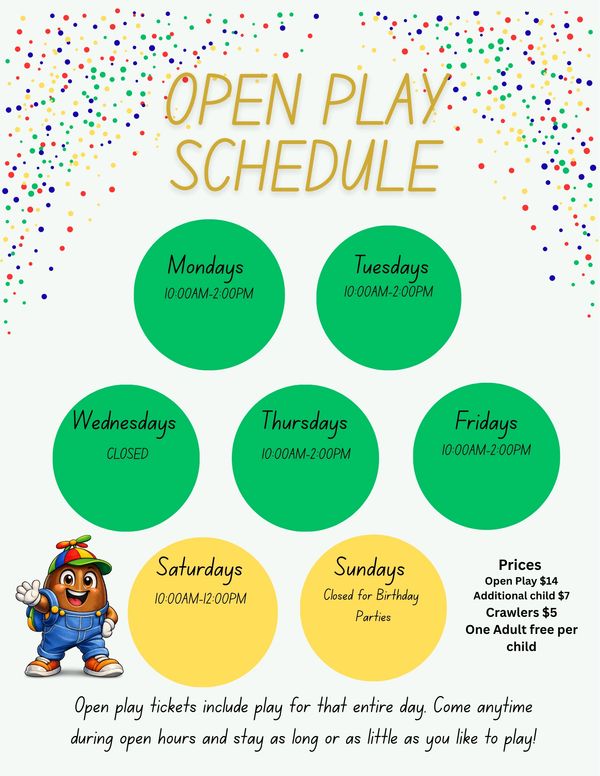 Open play schedule with times and prices, featuring colorful dots and a cartoon character.