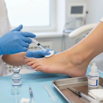 Medical professional injects foot with prolotherapy treatment in clinical setting.
