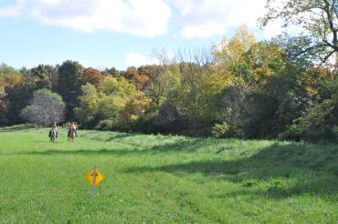 Two people walking on a grassy trail in autumn.