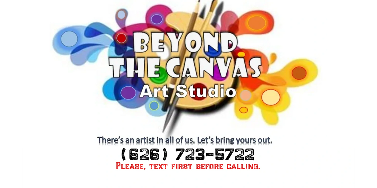 Beyond The Canvas Art Studio logo with colorful paint splashes and contact number.