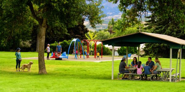 People enjoying a sunny day at a park with playground and picnic area.