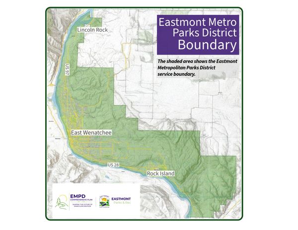 Map showing Eastmont Metro Parks District boundary around East Wenatchee and Rock Island.