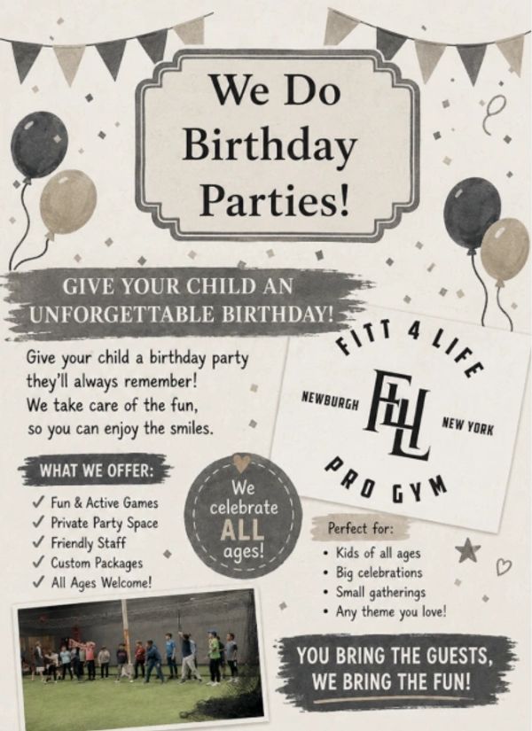 Birthday party promotion flyer for Fitt 4 Life Pro Gym.