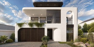Modern two-story white house with wood accents and balcony.