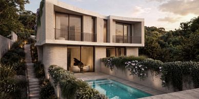 Modern two-story house with pool and piano.