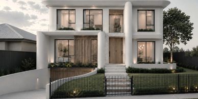 Modern two-story white house with large windows and a front garden.