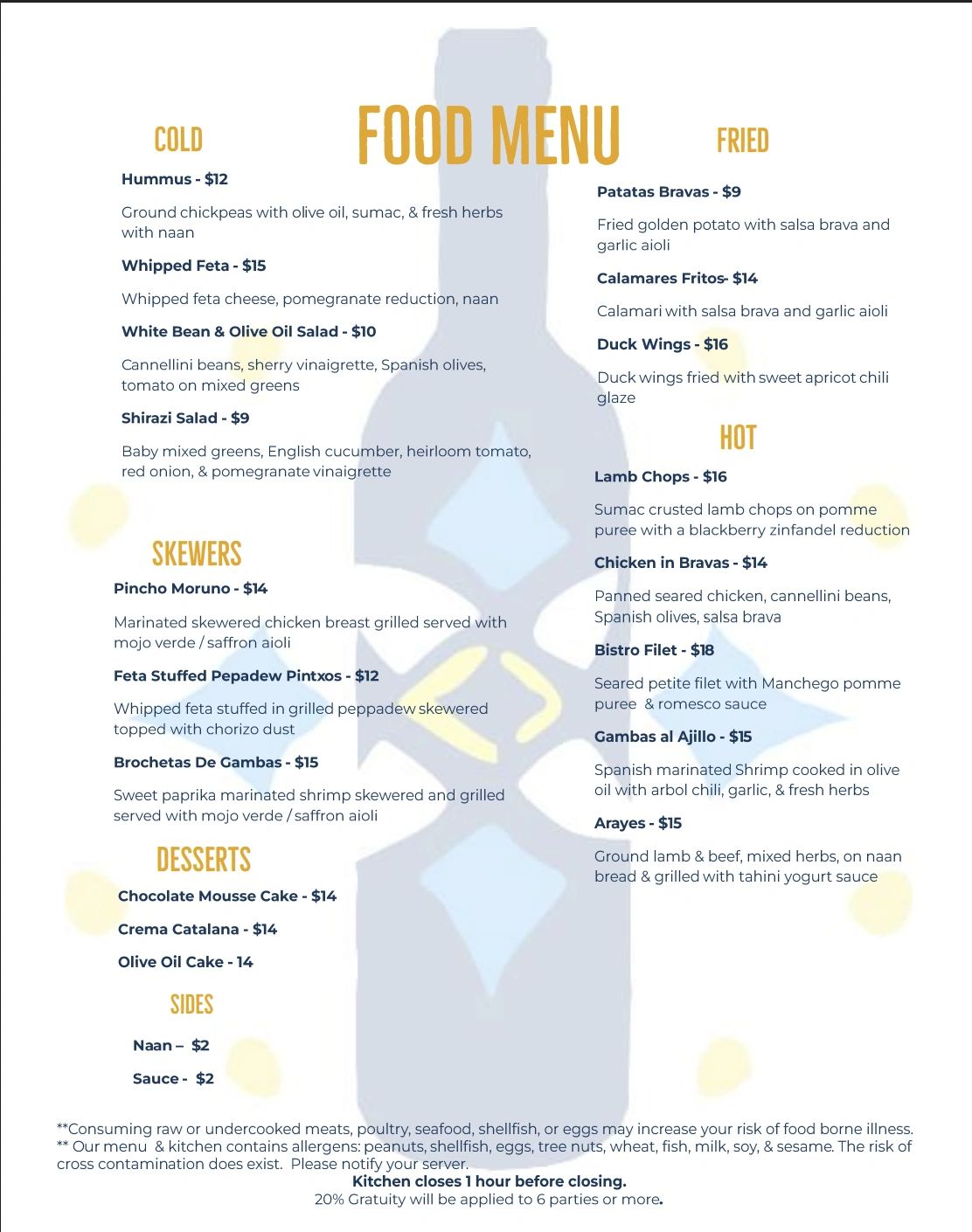 Food menu with cold dishes, skewers, desserts, fried, and hot items.