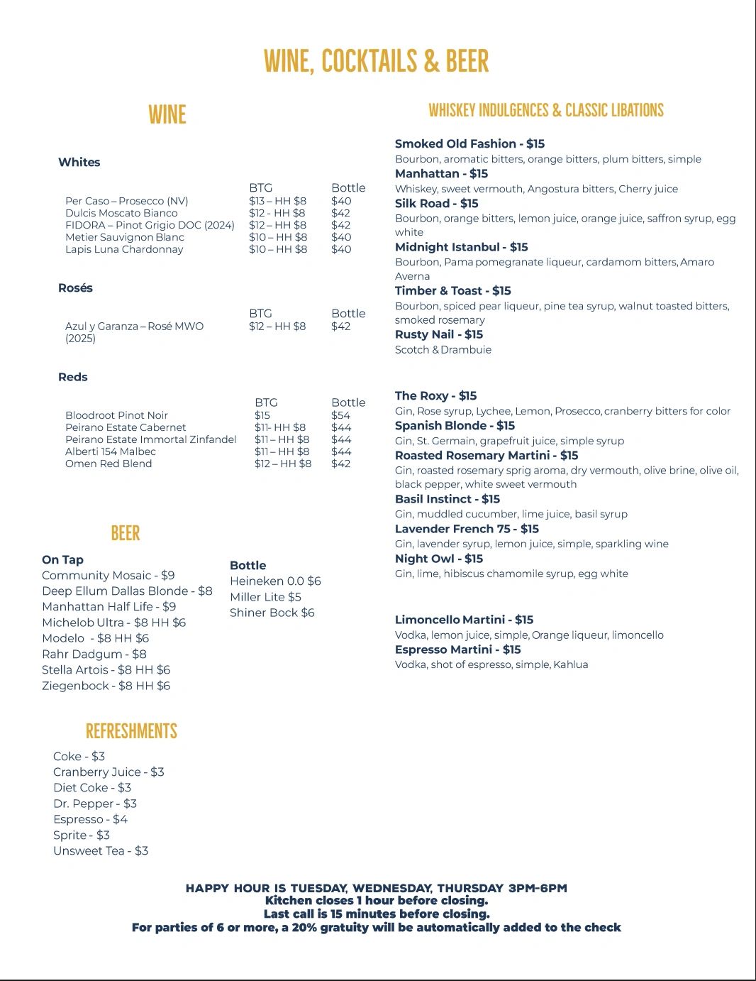 Menu of wines, cocktails, beers, and refreshments with prices.