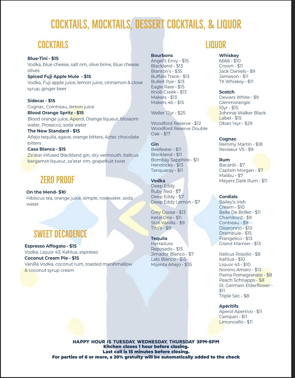Cocktail and liquor menu with prices and ingredients.