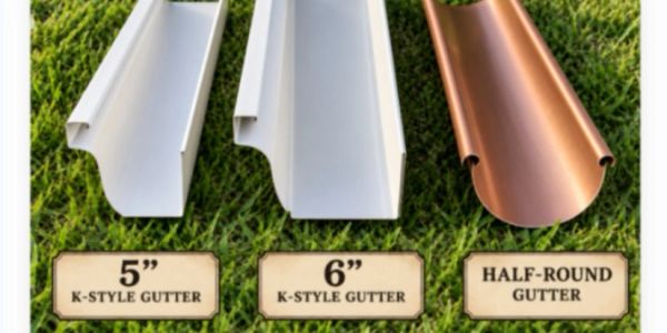 Three types of gutters displayed on grass.