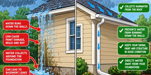 Infographic comparing effects of having gutters versus not having gutters on a home.