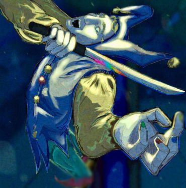 A jester performing with a knife in a menacing manner