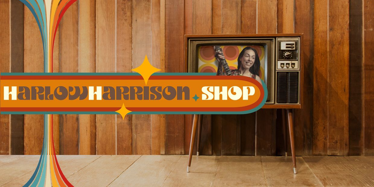 Retro-themed shop logo with a vintage TV and a smiling woman holding a guitar.