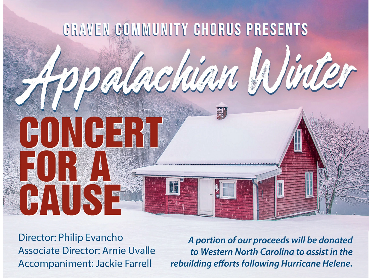 Appalachian Winter concert poster with snowy cabin and event details.