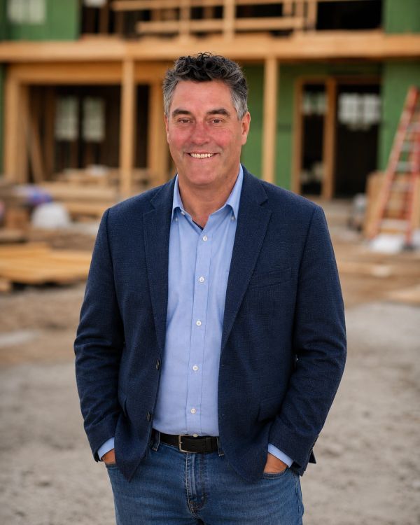 Man smiling outdoors near a construction site.