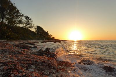 rocky coastline of Little Cayman Island at sunrise with crashing waves