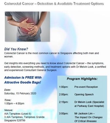 Health Talk - Colorectal Cancer - Detection & Available Treatment Options
Guest Speaker: Dr, Melvin 