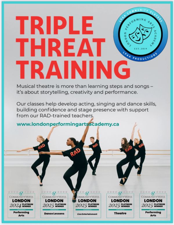 Advertisement for London Performing Arts Academy's triple threat training.