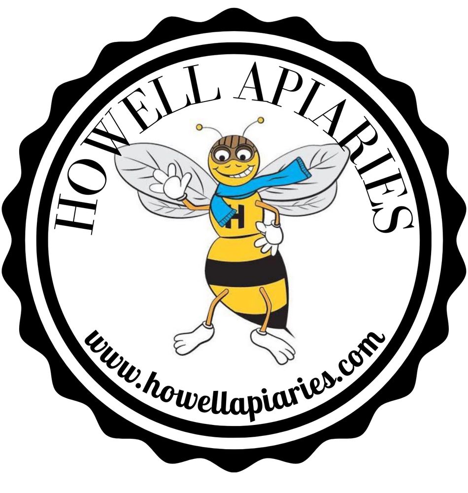 Howell Apiaries Honey Bee Logo.  Bright Yellow and Black Howell Honey Bee waving with blue scarf.