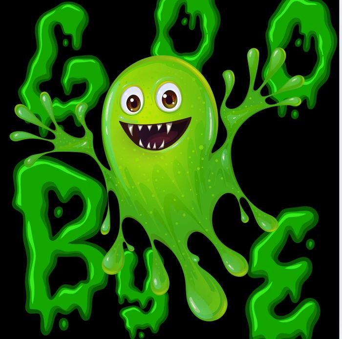 A playful green goo monster with sharp teeth and big eyes.