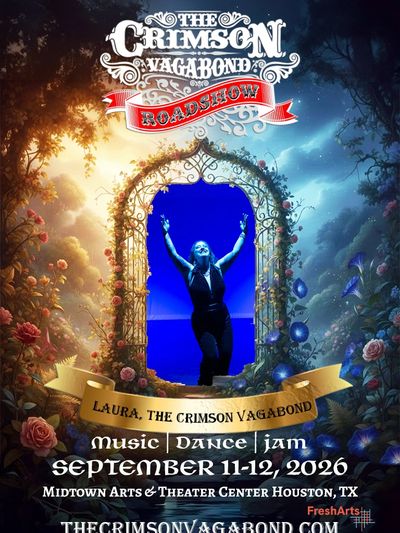 Poster for The Crimson Vagabond Roadshow music dance jam event in Houston, 2026.