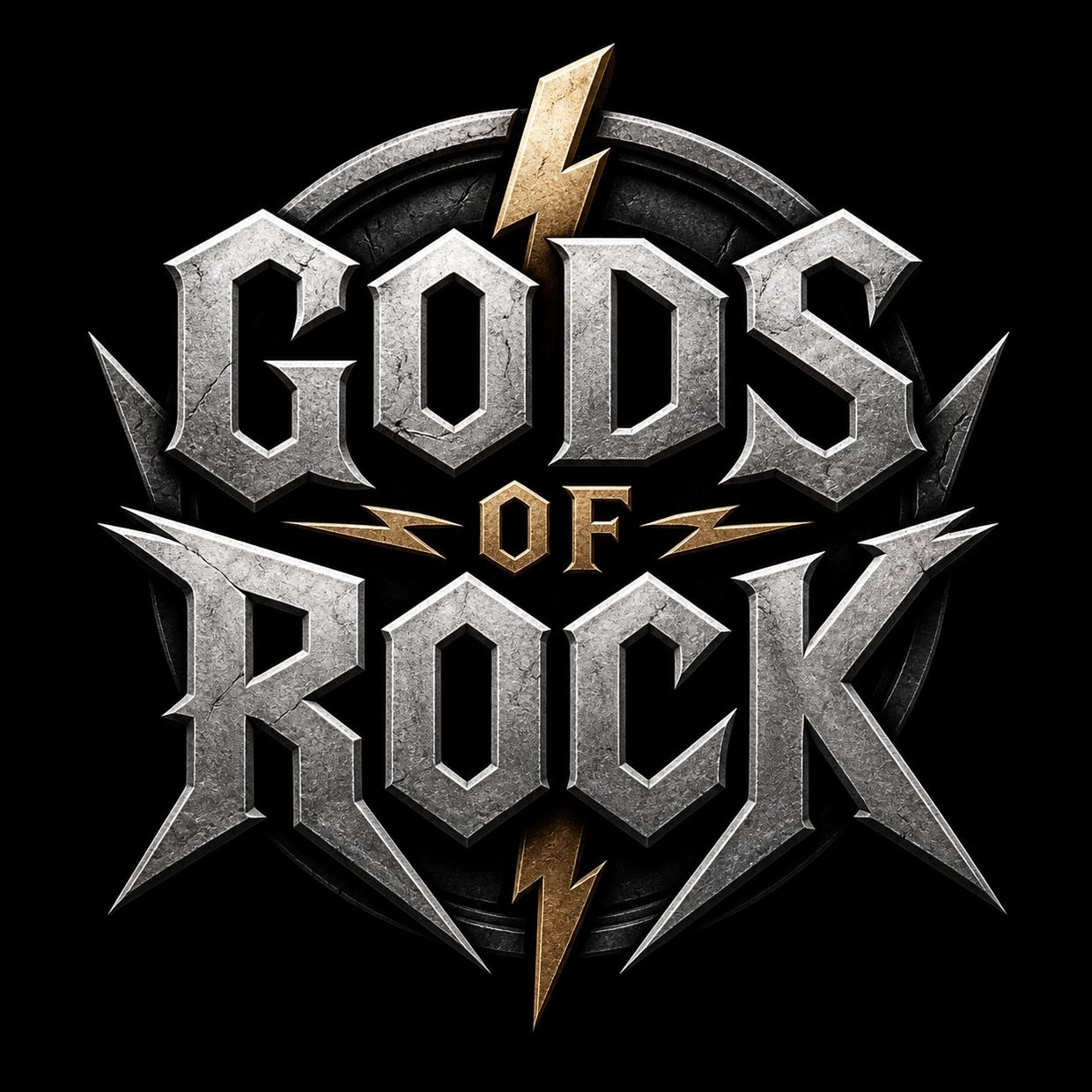 Metallic logo of 'Gods of Rock' with lightning bolts on a black background.