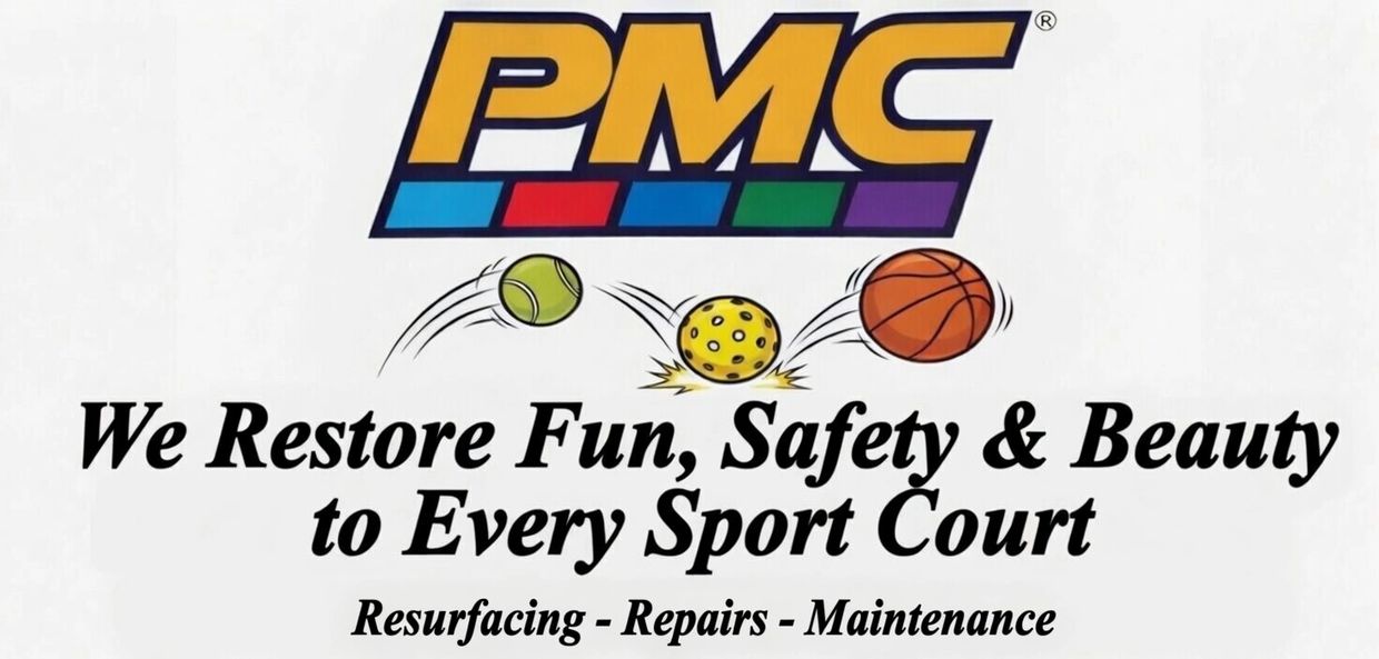 PMC logo with sports balls promoting court restoration services.