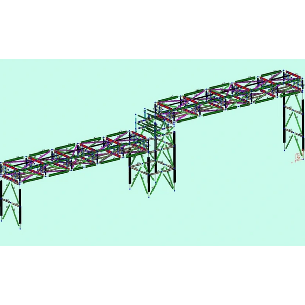 3D model of a two-segment steel bridge structure with support towers.
