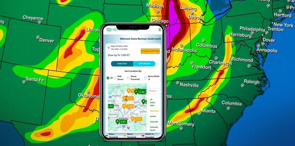 Mobile phone displaying WaterWatch PRO rainfall dashboard over U.S. radar map.