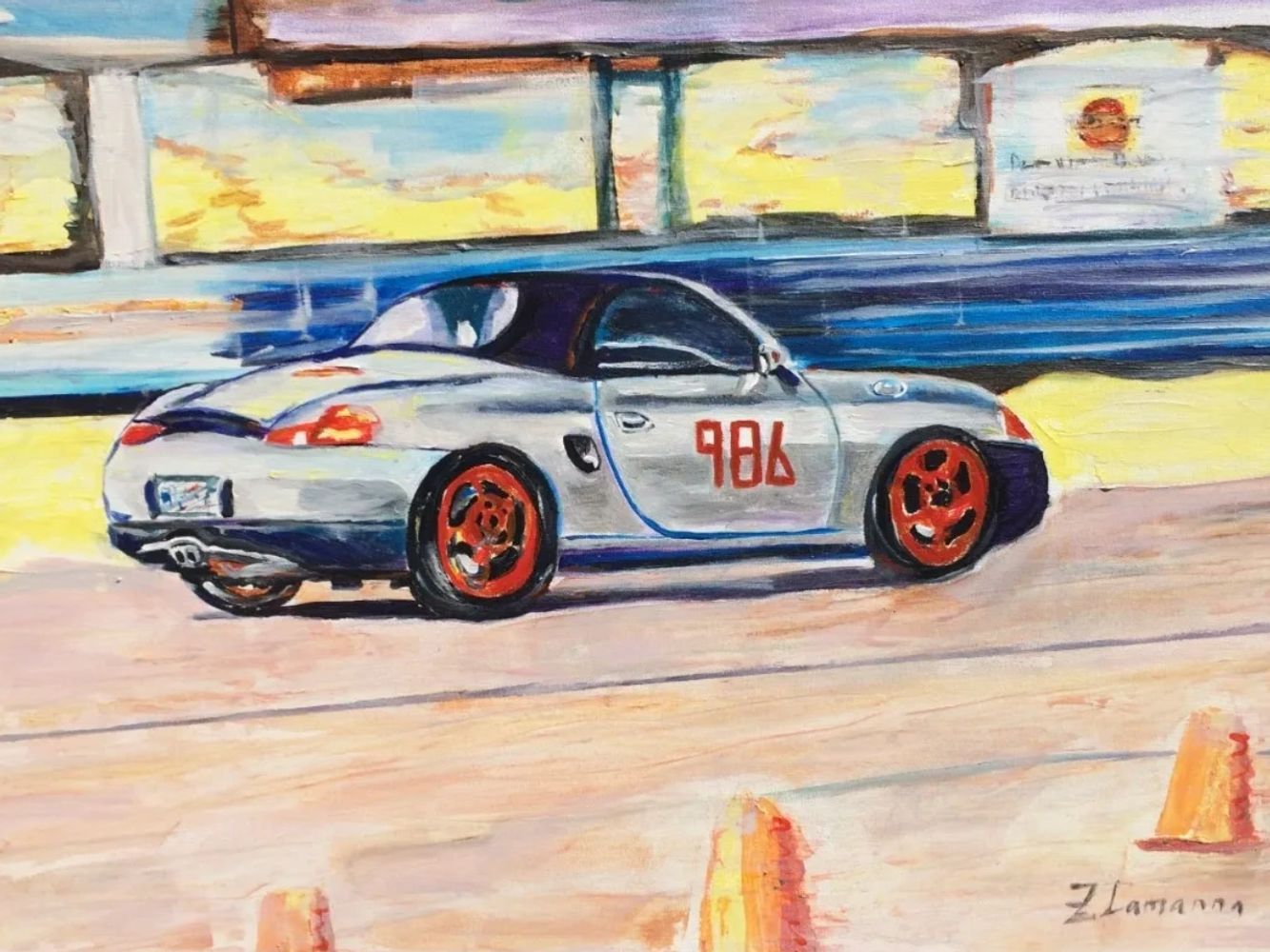 Acrylic painting of a Porsche Boxster on a track