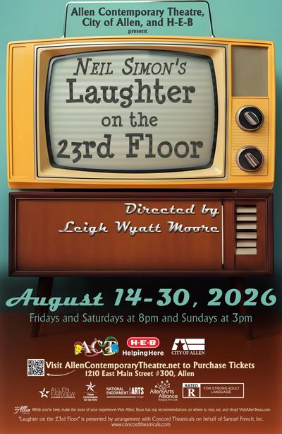 Poster for Neil Simon's play 'Laughter on the 23rd Floor' at Allen Contemporary Theatre, August 14-30, 2026.