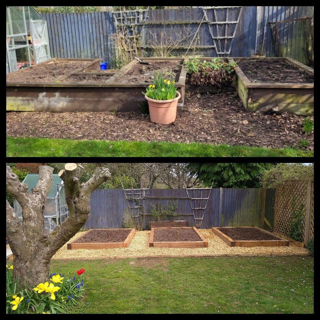 Before and after garden bed renovation with fresh wood and clean surroundings.