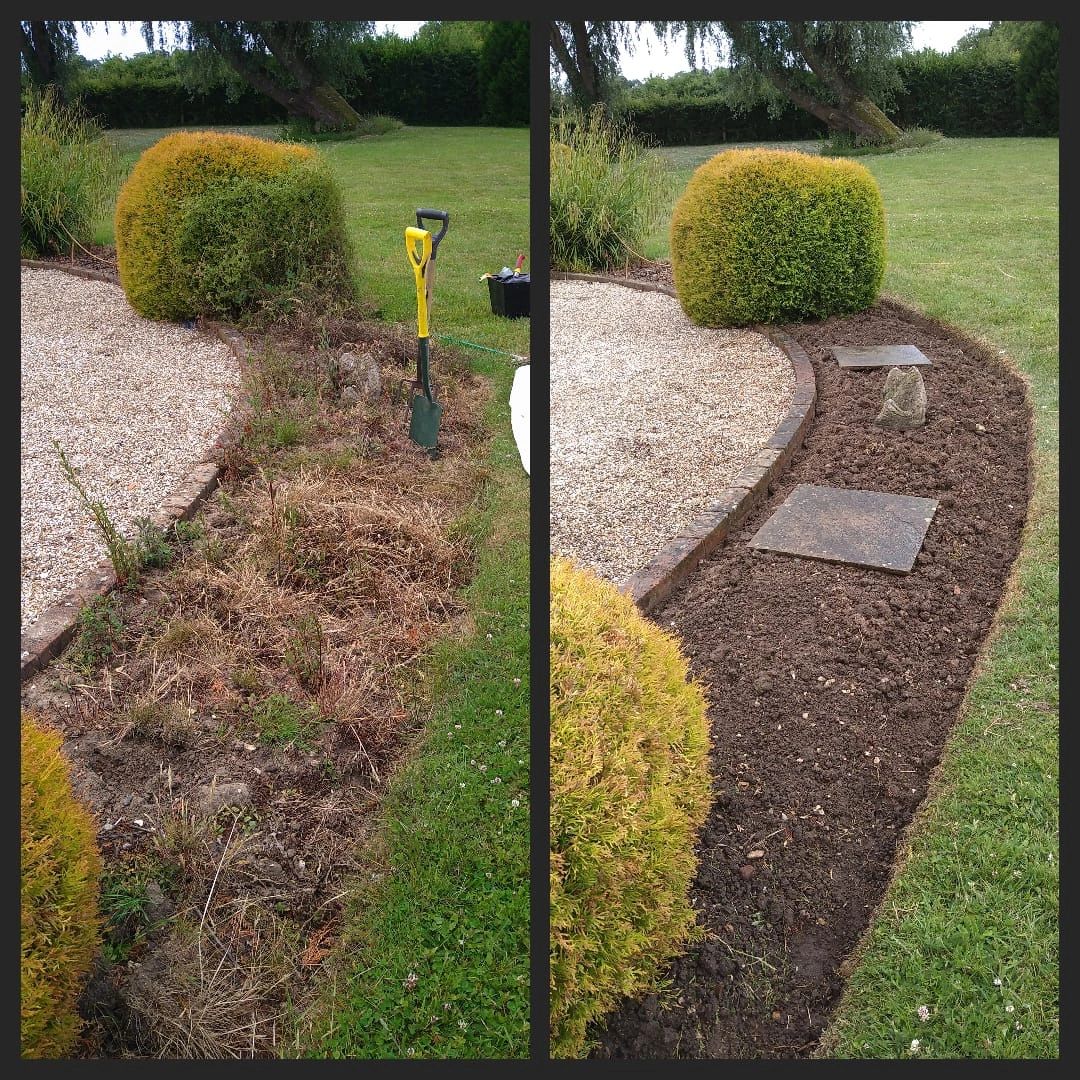 Before and after garden bed cleanup showing a tidy, weed-free area with fresh soil and paving stones.