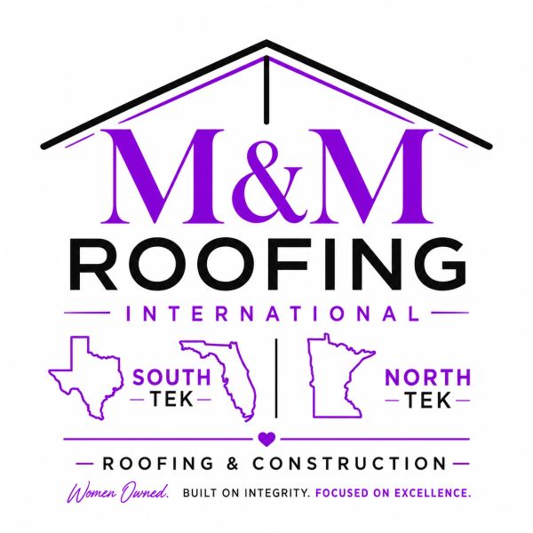 M&amp;M Roofing logo with Texas and Minnesota maps, highlighting South and North TEK.