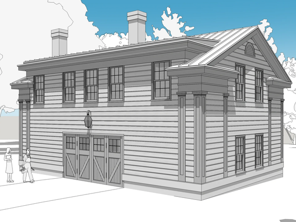 3D rendering of a two-story building with large windows and wooden siding.